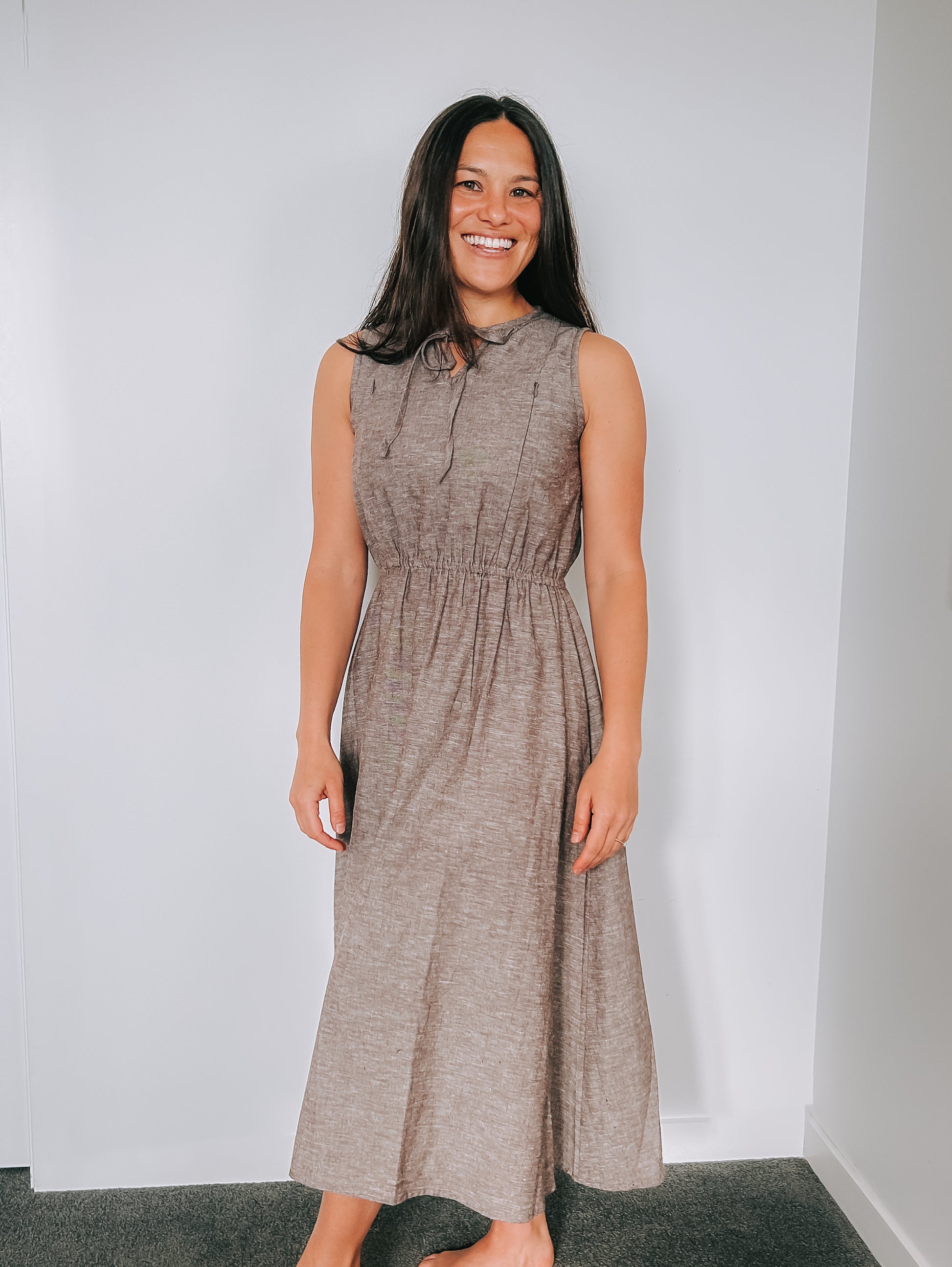 Kaha Nursing Dress in toffee cotton-linen – breastfeeding-friendly A-line dress with hidden zippers, designed in New Zealand