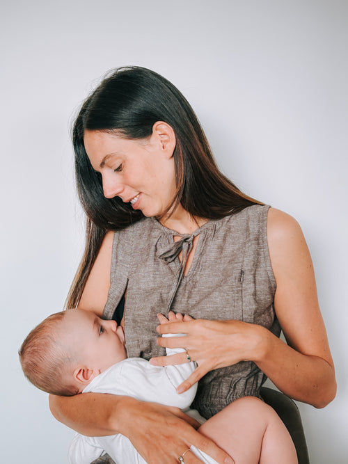Kaha Nursing Dress in toffee cotton-linen – breastfeeding-friendly A-line dress with hidden zippers, designed in New Zealand