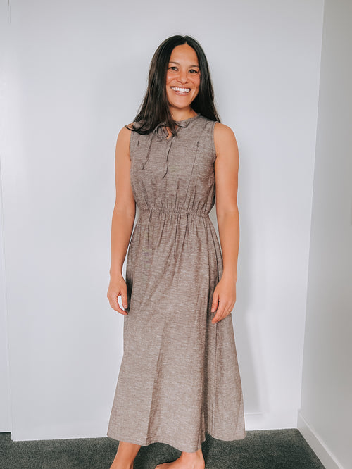 Kaha Nursing Dress in toffee cotton-linen – breastfeeding-friendly A-line dress with hidden zippers, designed in New Zealand