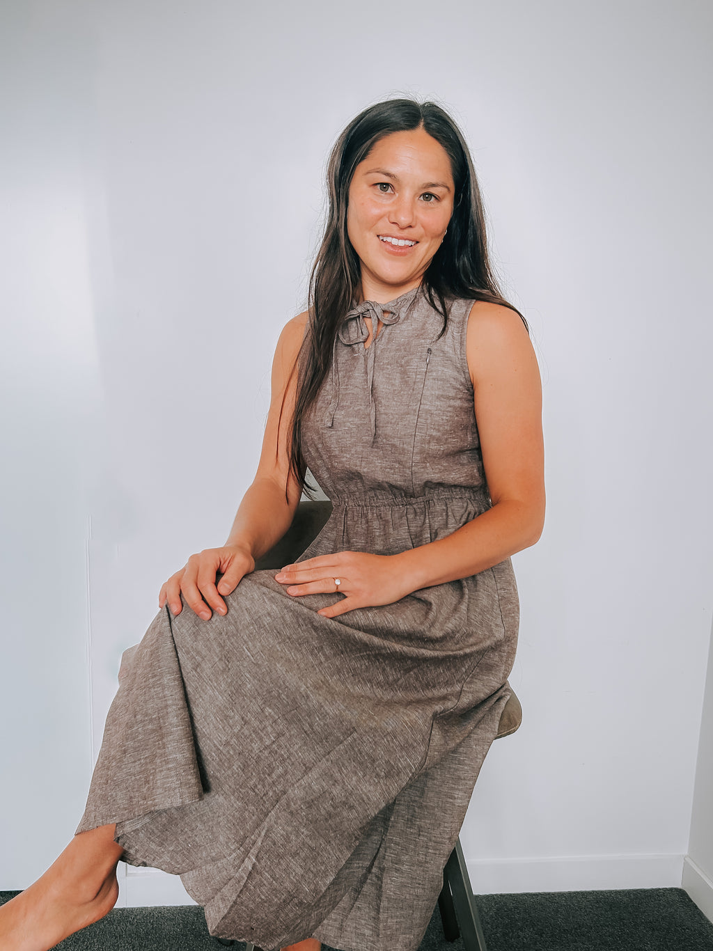 Kaha Nursing Dress in toffee cotton-linen – breastfeeding-friendly A-line dress with hidden zippers, designed in New Zealand