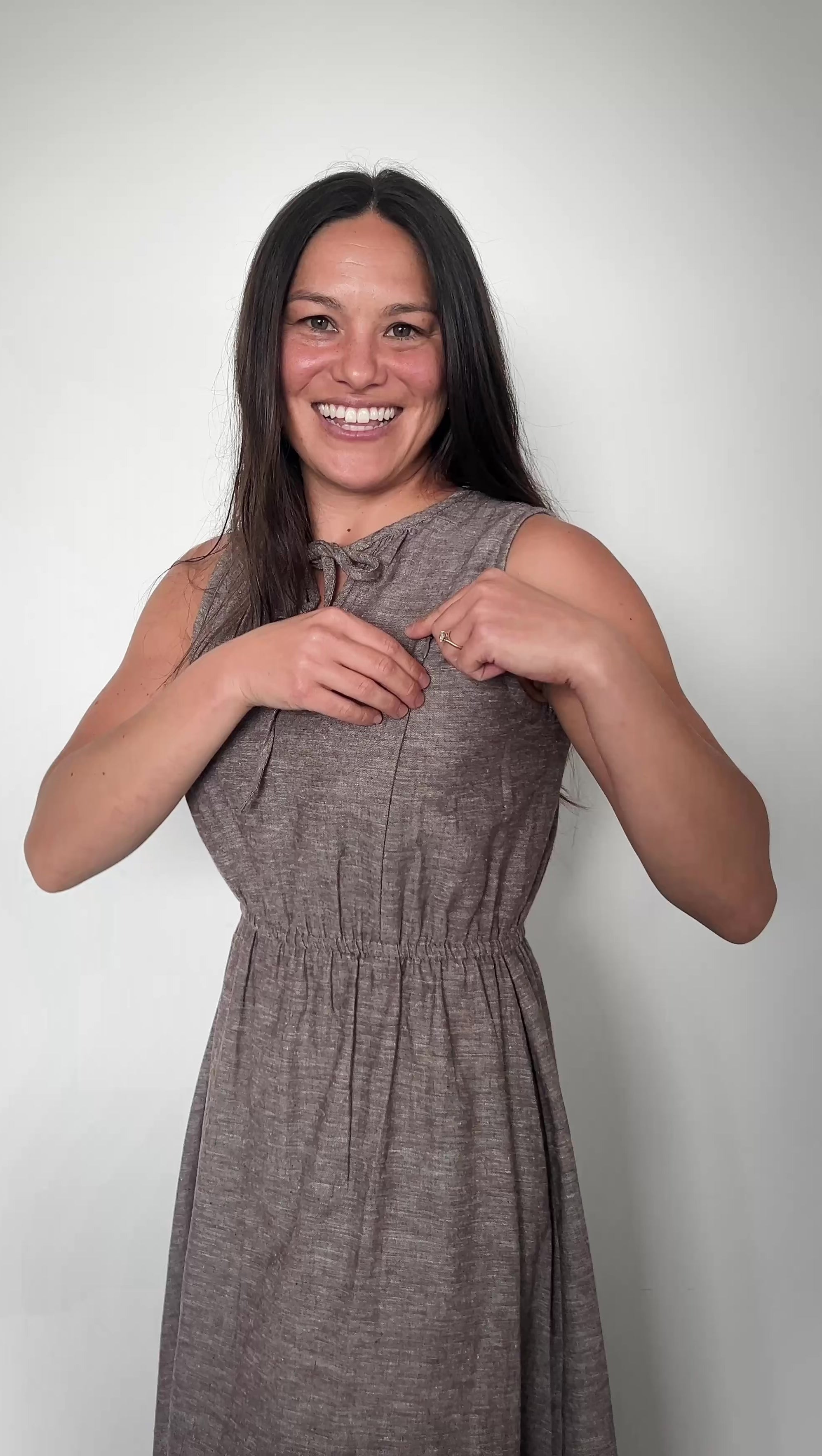 Kaha Nursing Dress in toffee cotton-linen – breastfeeding-friendly A-line dress with hidden zippers, designed in New Zealand